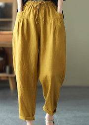 Casual Yellow Pockets Patchwork Elastic Waist Linen Pants Summer