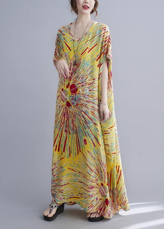 Casual Yellow Print Cotton V Neck Oversize Summer Dress - SooLinen