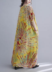 Casual Yellow Print Cotton V Neck Oversize Summer Dress - SooLinen