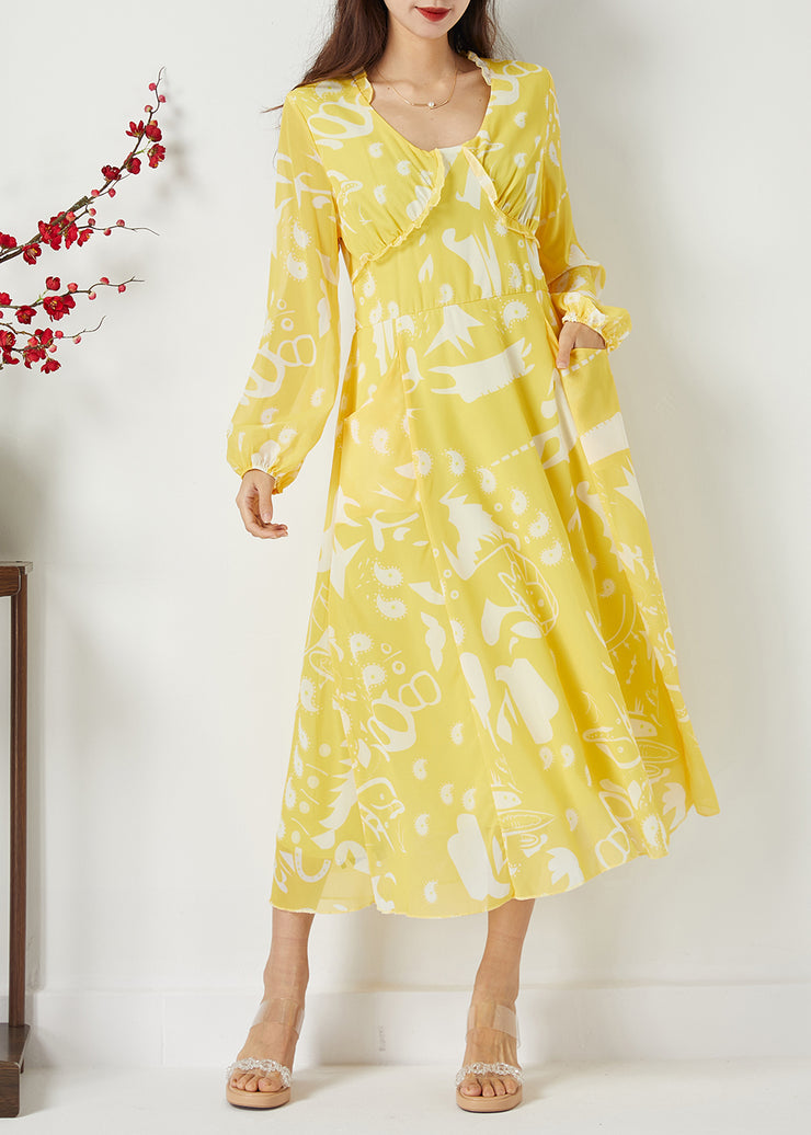 Casual Yellow Ruffled Cinched Print Chiffon Dress Summer