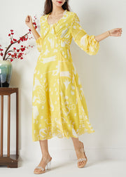 Casual Yellow Ruffled Cinched Print Chiffon Dress Summer