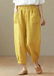 Casual Yellow Solid Elastic Waist Cotton Harem Pants Summer