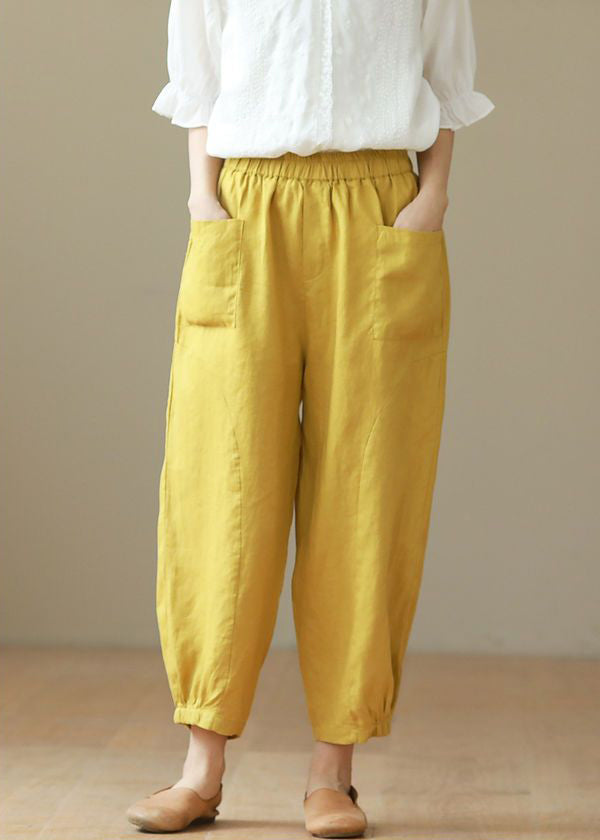 Casual Yellow Solid Elastic Waist Cotton Harem Pants Summer