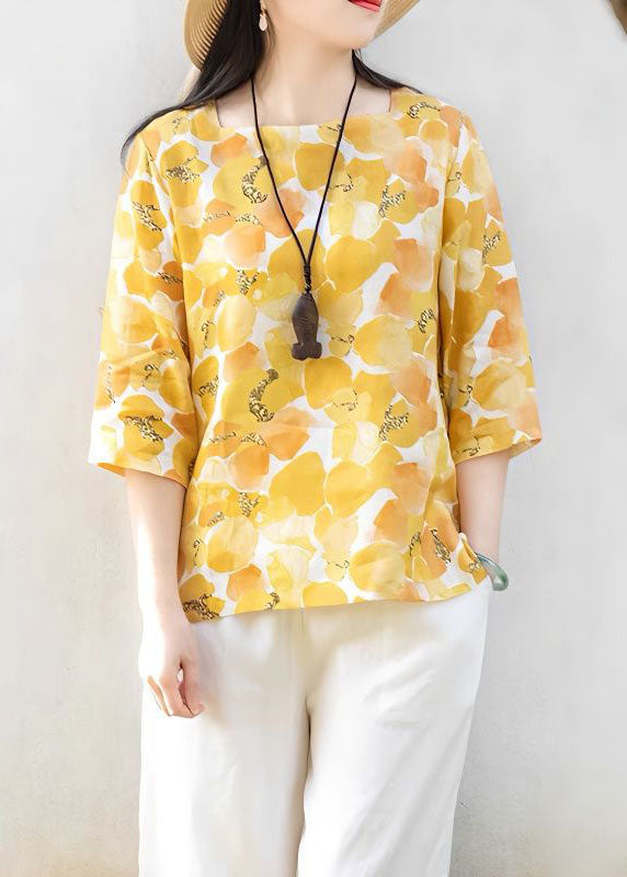 Casual Yellow Square Collar Print Linen T Shirts Top Summer