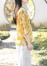 Casual Yellow Square Collar Print Linen T Shirts Top Summer