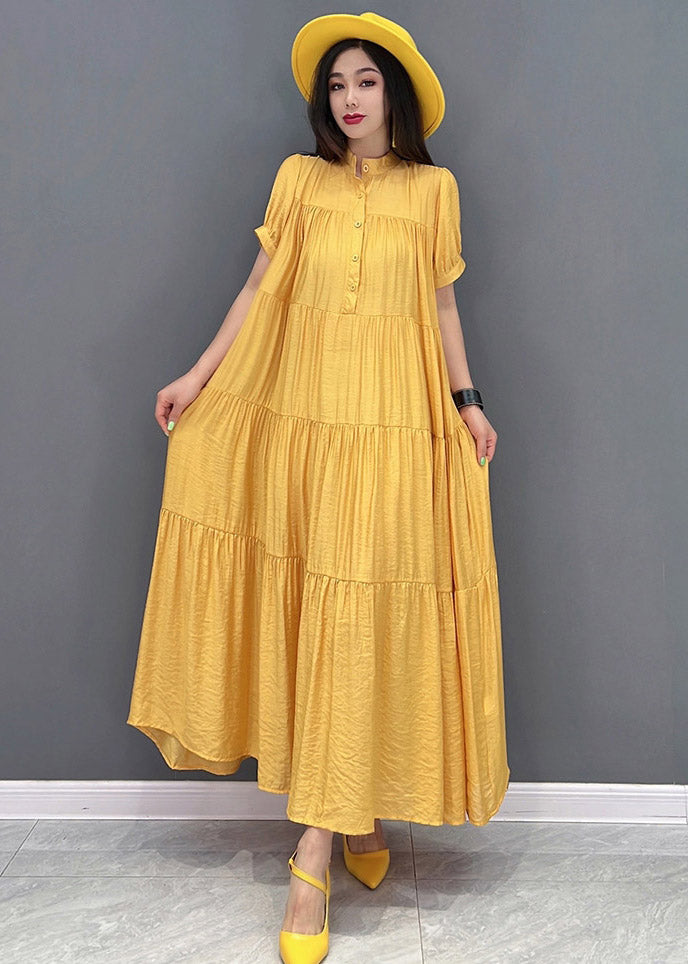 Casual Yellow Stand Collar Patchwork Button Maxi Dresses Short Sleeve