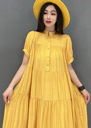 Casual Yellow Stand Collar Patchwork Button Maxi Dresses Short Sleeve