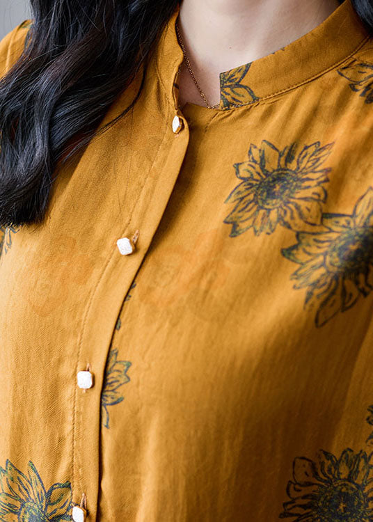 Lässiger gelber Stehkragen mit zerknittertem Patchwork-Print, Seidenhemd, Armband-Ärmel
