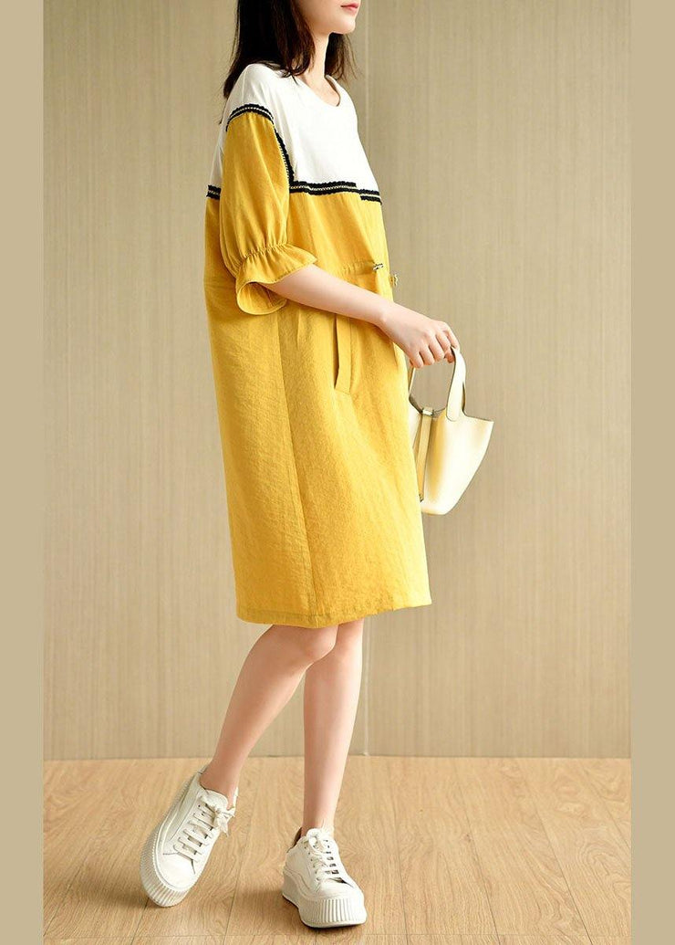 Casual Yellow Tie Waist Pockets Patchwork Summer Vacation Dress Half Sleeve - SooLinen