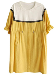 Casual Yellow Tie Waist Pockets Patchwork Summer Vacation Dress Half Sleeve - SooLinen