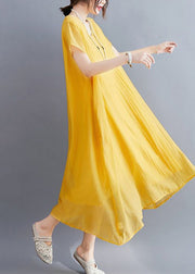 Casual Yellow V Neck Asymmetrical Design Cotton Maxi Dresses Summer