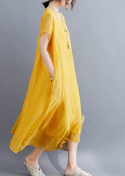 Casual Yellow V Neck Asymmetrical Design Cotton Maxi Dresses Summer