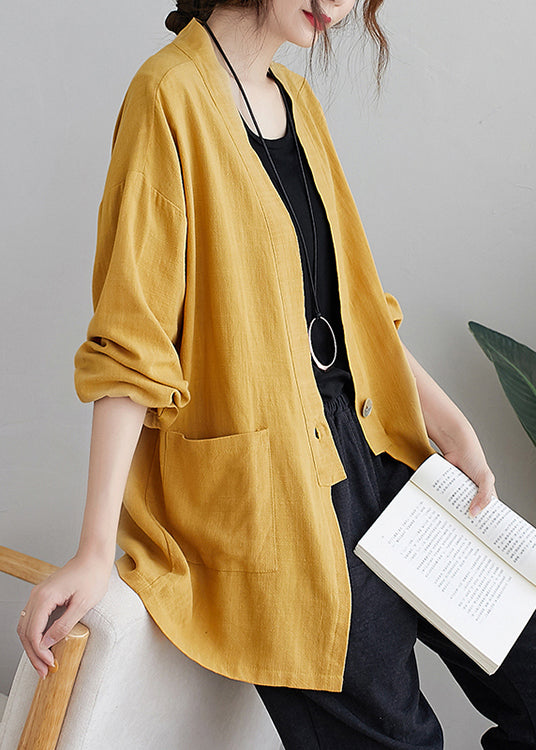 Casual Yellow V Neck Pockets Patchwork Cotton Cardigan Fall