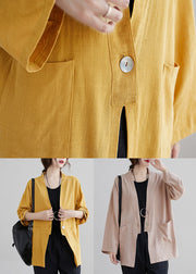 Casual Yellow V Neck Pockets Patchwork Cotton Cardigan Fall