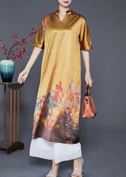 Casual Yellow V Neck Print Silk Party Dress Summer