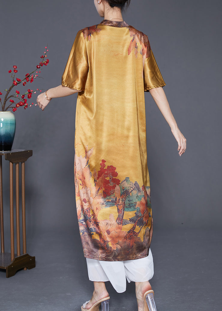 Casual Yellow V Neck Print Silk Party Dress Summer