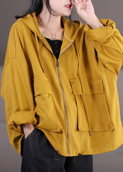 Casual Yellow Zippered Drawstring Cotton Hooded Coat Fall