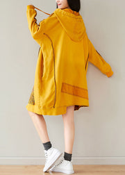 Casual Yellow drawstring Hooded Sweatshirts dresses Spring