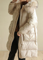 Casual beige warm winter coat oversize hooded winter jacket faux fur collar New winter outwear - SooLinen