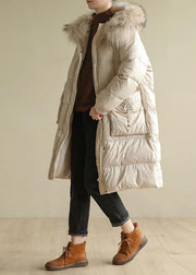 Casual beige warm winter coat oversize hooded winter jacket faux fur collar New winter outwear - SooLinen