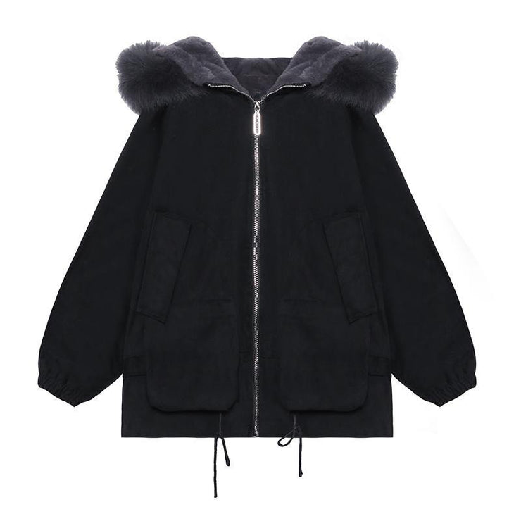 Casual black Letter coats plus size snow jackets faux fur collar pockets coats - SooLinen