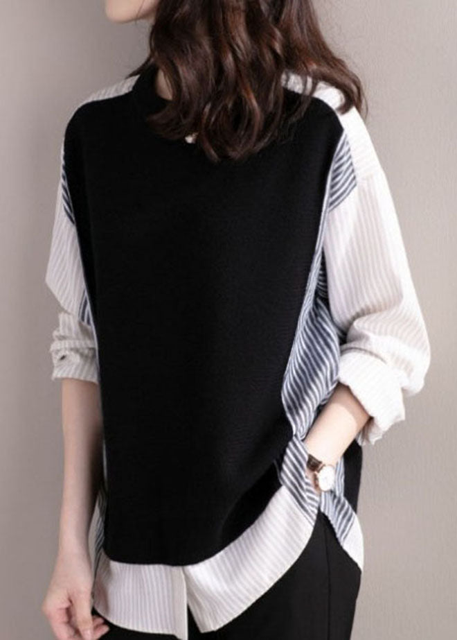 Casual black O-Neck Striped Patchwork Shirt Fake two top Spring