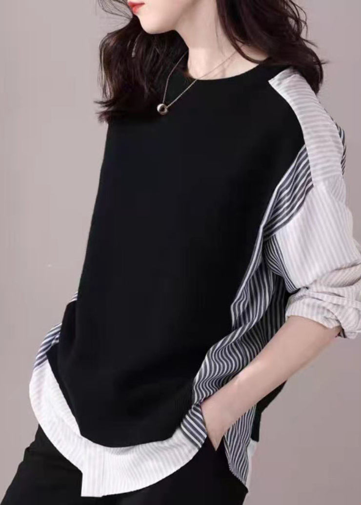 Casual black O-Neck Striped Patchwork Shirt Fake two top Spring
