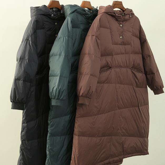 Casual black down coat winter plus size hooded Button Down  coats - SooLinen