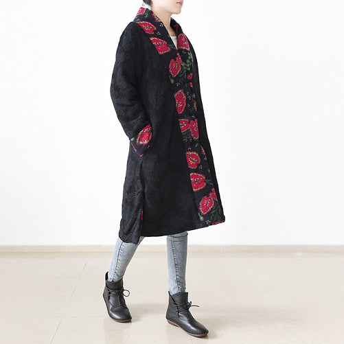 Casual black print Puffers Jackets Loose fitting patchwork down jacket women side open overcoat