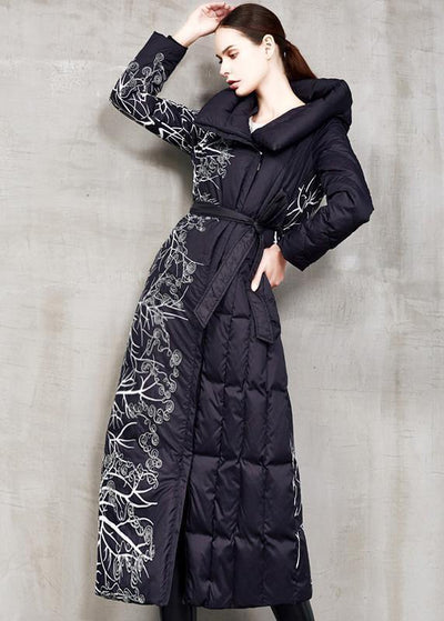 Casual black prints down jacket woman oversize hooded winter jacket tie waist New winter outwear - SooLinen