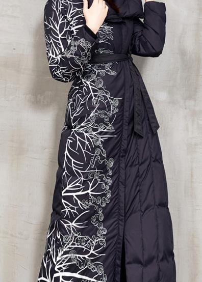 Casual black prints down jacket woman oversize hooded winter jacket tie waist New winter outwear - SooLinen