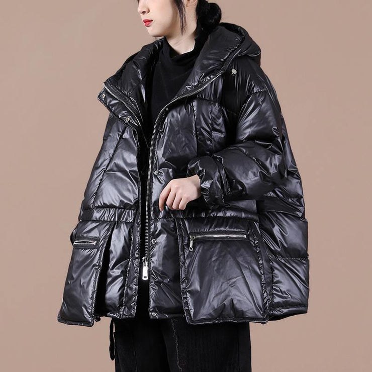 Casual black warm winter coat plus size clothing down jacket hooded zippered Casual overcoat - SooLinen