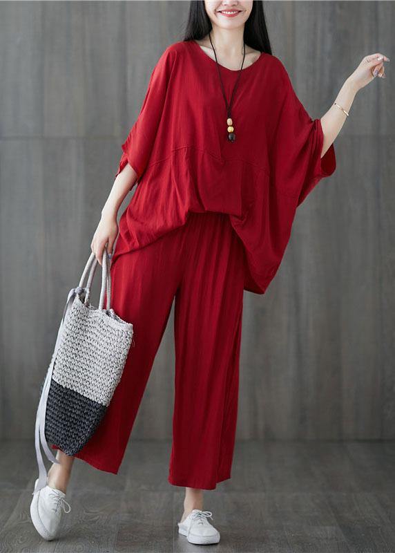 Casual cotton blended batwing sleeve pullover tops and elastic waist pants red two pieces - SooLinen