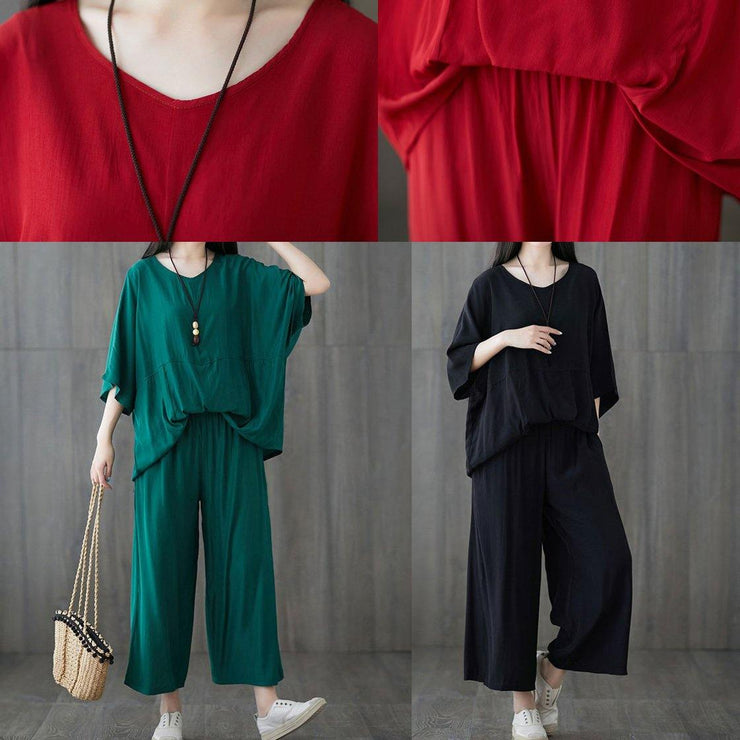 Casual cotton blended batwing sleeve pullover tops and elastic waist pants red two pieces - SooLinen