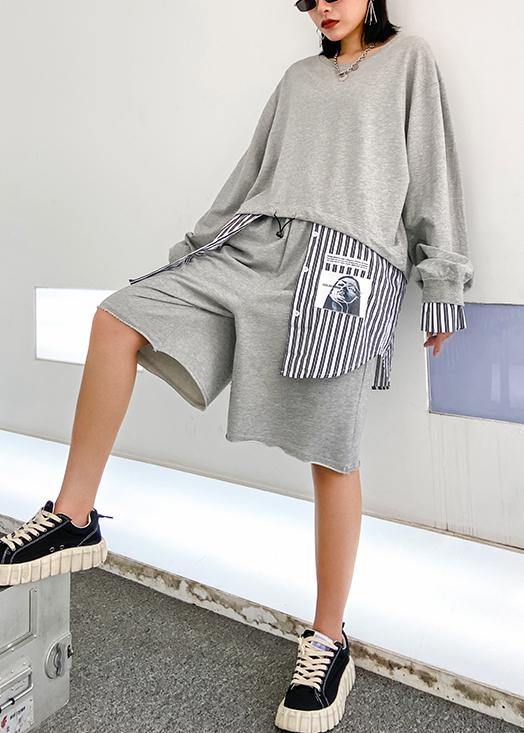 Casual fashion light gray suit new female early autumn temperament sweater five-point pants two-piece suit - SooLinen