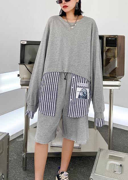 Casual fashion light gray suit new female early autumn temperament sweater five-point pants two-piece suit - SooLinen
