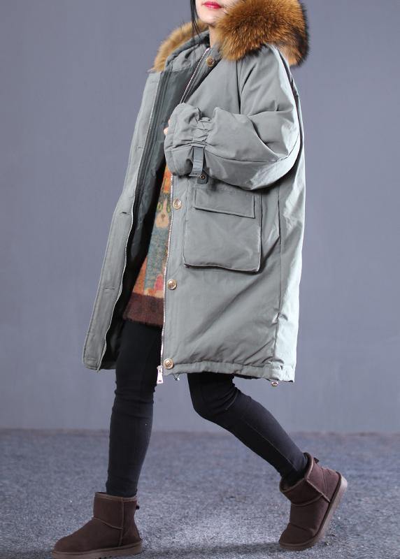 Casual gray green duck down coat oversize down jacket winter hooded zippered flare sleeve fur collar outwear - SooLinen