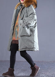 Casual gray green duck down coat oversize down jacket winter hooded zippered flare sleeve fur collar outwear - SooLinen