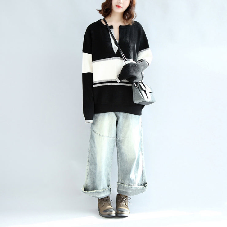 Casual long sleeve cotton sweater oversize black white patchwork knit pullover