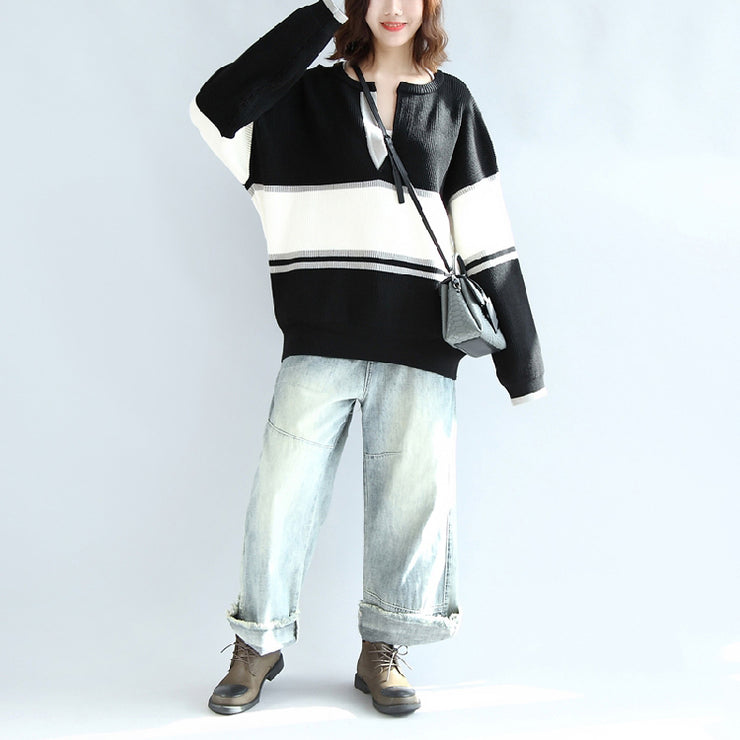 Casual long sleeve cotton sweater oversize black white patchwork knit pullover