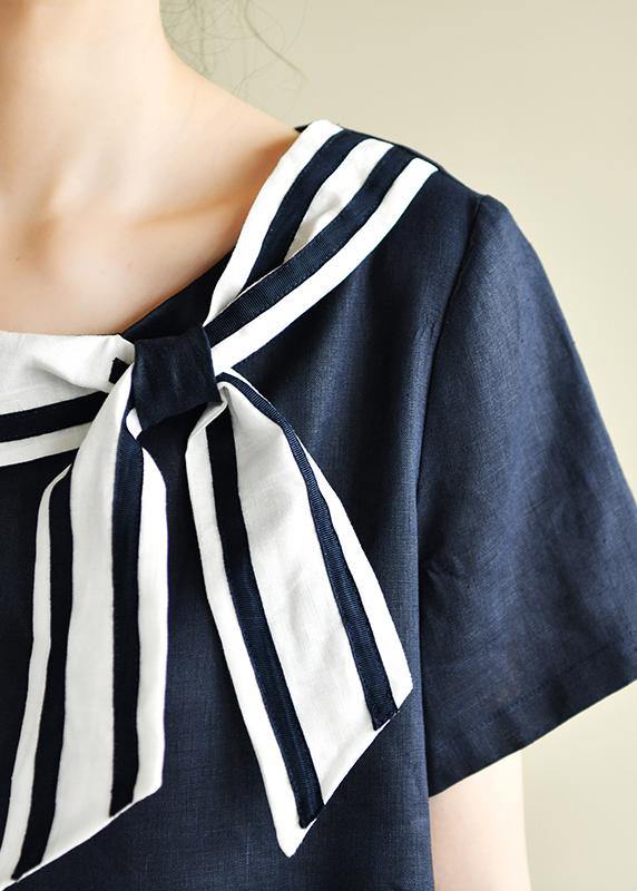 Casual navy style collar short sleeve mid-length dress - SooLinen