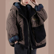 Casual oversize warm winter coat chocolate hooded patchwork plaid Parkas for women - SooLinen