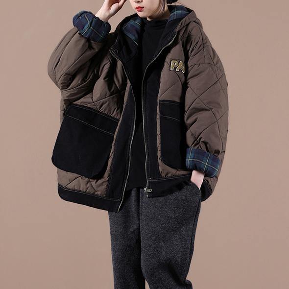 Casual oversize warm winter coat chocolate hooded patchwork plaid Parkas for women - SooLinen