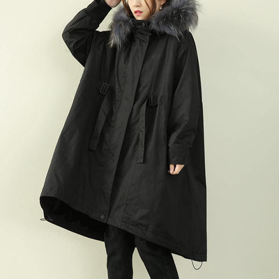 Casual oversized winter outwear black hooded faux fur collar winter parkas - SooLinen