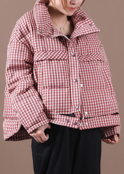 Casual plus size snow jackets red plaid stand collar down jacket woman - SooLinen