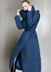 Casual plus size womens parka hooded overcoat blue tie waist down coat winter - SooLinen