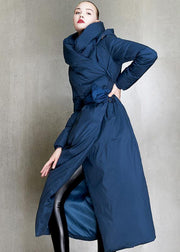 Casual plus size womens parka hooded overcoat blue tie waist down coat winter - SooLinen
