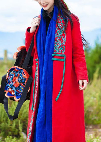 Casual red coat oversized down jacket embroidery winter overcoat - SooLinen