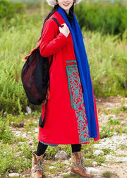 Casual red coat oversized down jacket embroidery winter overcoat - SooLinen