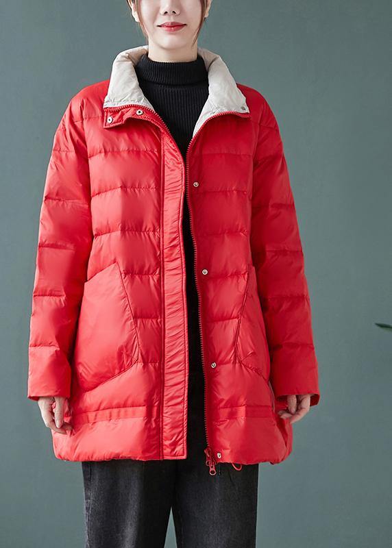 Casual red down jacket woman stand collar pockets Casual Jackets - SooLinen